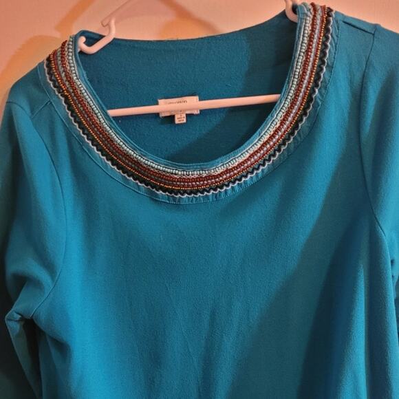 Crown & Ivy Turquoise Beaded Embroidered Blouse - Small Pom-Pom Hems Unique - Picture 9 of 9